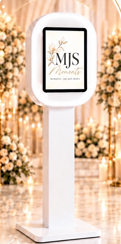White digital photo booth with the MJS Moments welcome screen